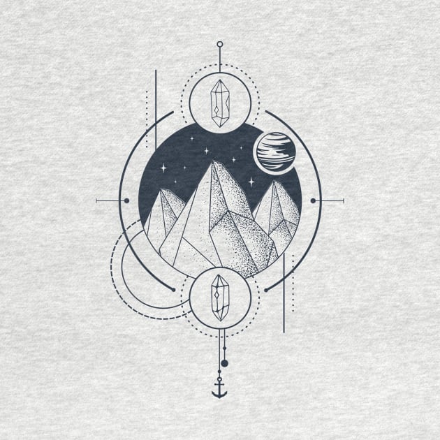 Creative Illustration In Geometric Style. Adventure, Nature, Travel, Mountains And Crystals by SlothAstronaut